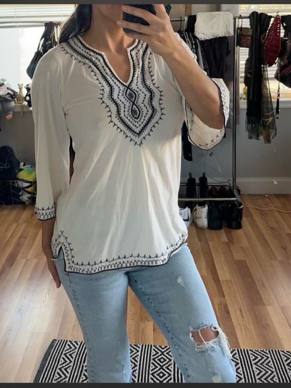 lucky brand embroidered boho tunic top white black cotton medium